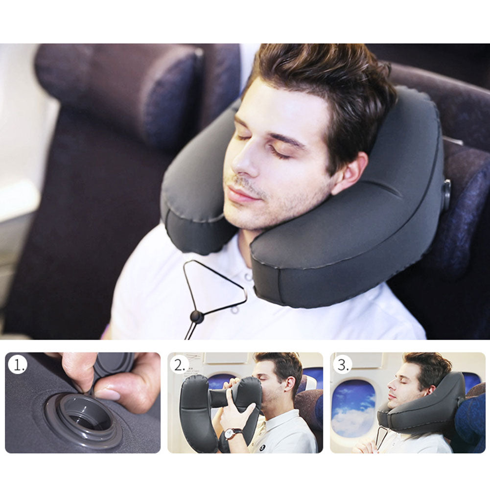 Hooded Travel Pillow H Shaped Inflatable Neck Pillow Folding Lightweig ShaElegance