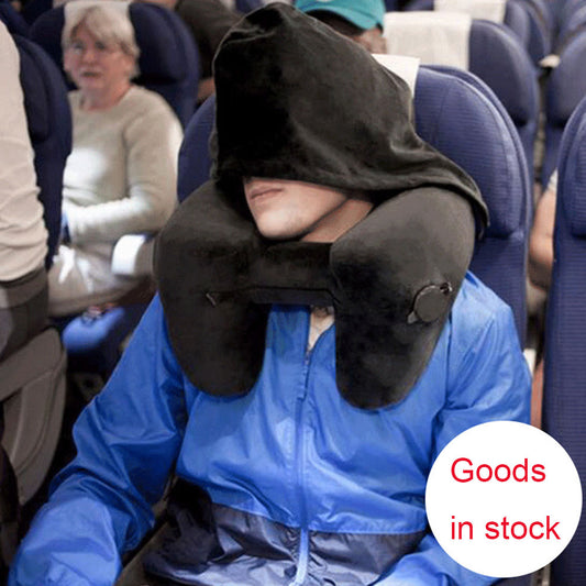 Hooded Travel Pillow H Shaped Inflatable Neck Pillow Folding Lightweight Nap Car Seat Office Airplane Sleeping Cushion Pillows